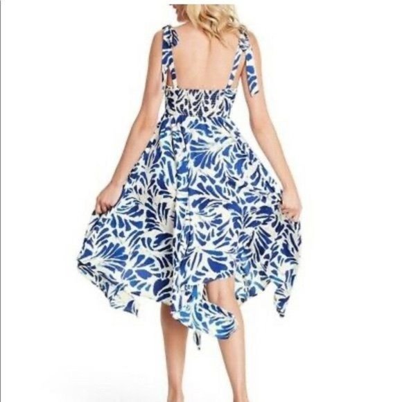 Alexis Womans Dress Small Blue Satin Floral Print Asymmetrical Hem Swing New - Picture 14 of 17